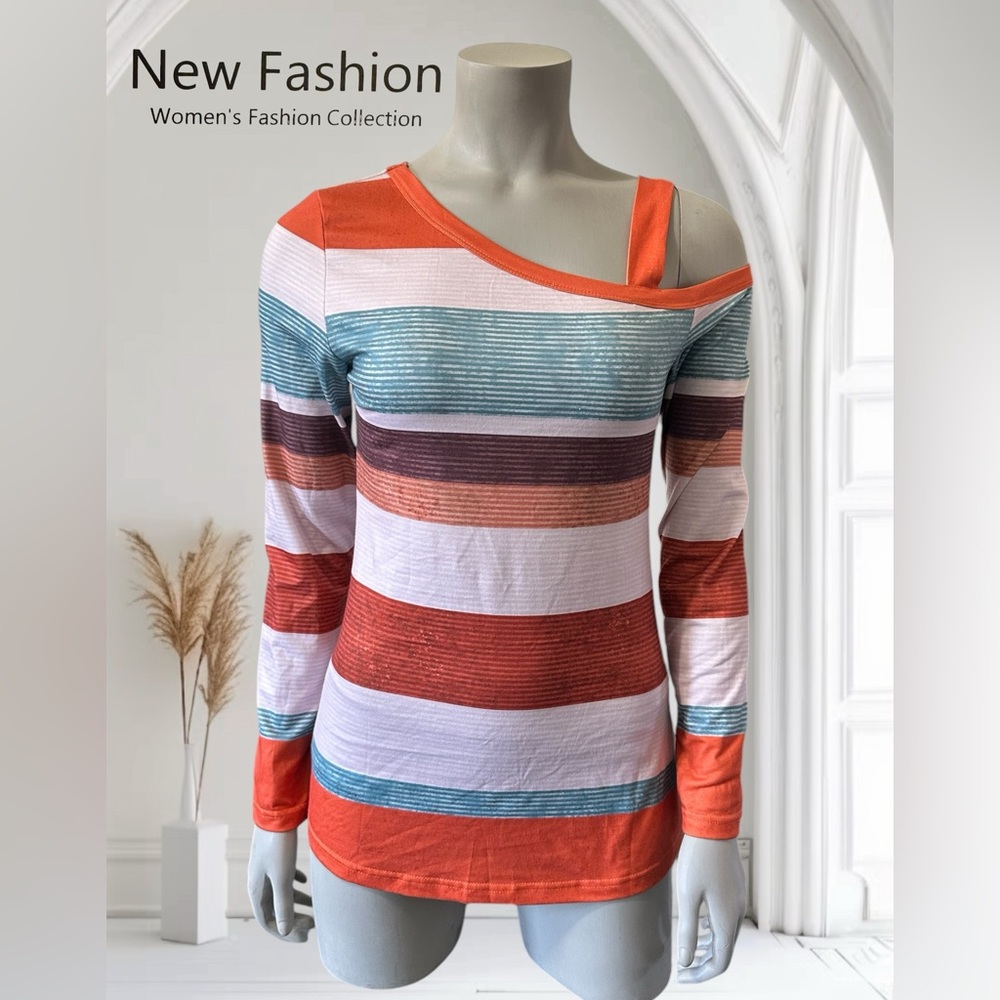 88. New Fashion Striped Long Sleeve One Cold Shoulder Top